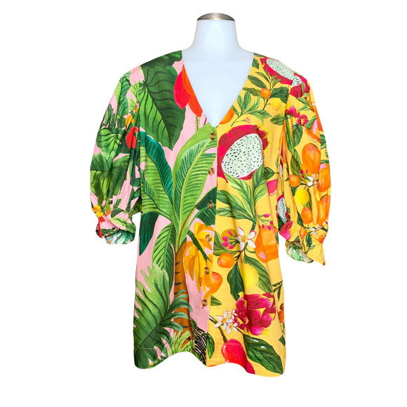 Farm Rio Dresses & Skirts - FARM RIO NWT Mixed Prints Puff Sleeves Chemise Dress Button Front Small Tropical